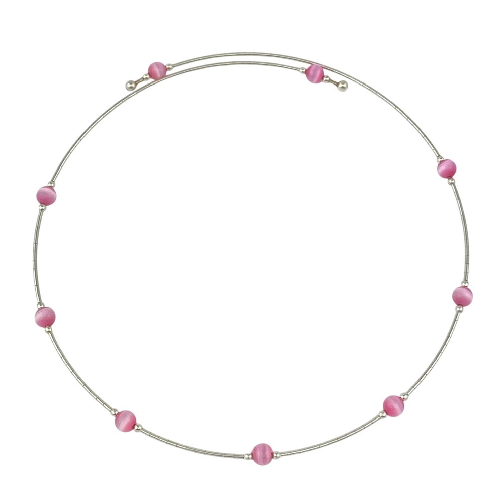 Pink Cat’s Eye Tension Wire Necklace | Vintage Sterling Silver | 16″