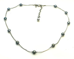 VTG Monet Chain Necklace Dainty Gray Faux Pearl Station Beads Silver Tone 16-18″