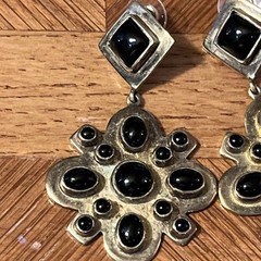 Beautiful Etruscan Revival Art Deco Brass & Black Onyx Dangle Pendant Earrings