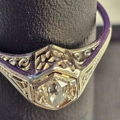 Antique Belais 18K White Gold Art Deco Ring Elongated Old Mine Cut Diamond