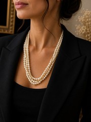 Vintage Multi Strand Faux Pearl Gold Tone Chain Statement Necklace Wedding
