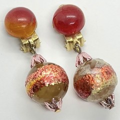 Vtg Hong Kong Lucite Foil Yellow Red Bead Dangle Earrings Clip-on