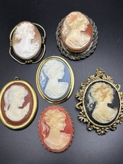 Vintage Cameo Brooch Pin Pendant Lot Of 6 One Carve Shell Lady In Profile