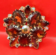 Topaz Amber Brown Layered Rhinestone Vintage Brooch Pin Juliana Style Sawtooth