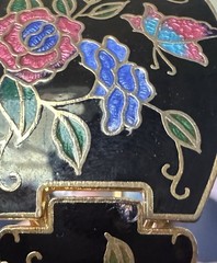 Vtg Cloisonné Floral Bangle Bracelet Black Enamel Gold Tone Hinged Butterfly