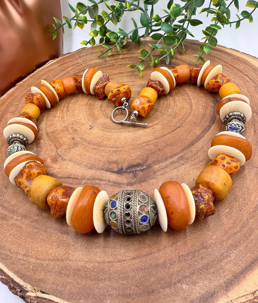 Moroccan Necklace, With Resin Copal, Enamel & Buffalo Horn Discs