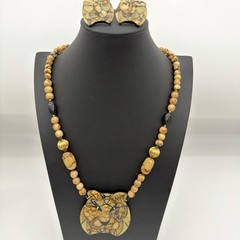 Vtg Jtv Lion Head Inlay Necklace Earrings Set Gold Tone Brown & Black Safari