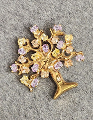 Francesca Visconti Gold Tone Tree of Life Lavender & Yellow Rhinestone Brooch