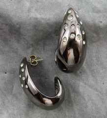 Givenchy Earrings Vintage Black Hematite Hoops Clear Crystal 1.25 in Chunky 847f