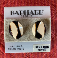 Vintage Raphael Black/White/Gold tone Enamel Pierced Earrings 14 kt Posts
