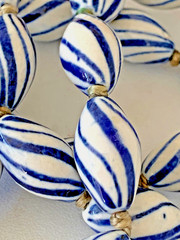 VTG Chinese Porcelain Blue White Stripes Oval Bead Necklace Hand-Knotted Silk