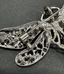 Red Rhinestone Dragonfly Brooch Pendant Faceted Center Stone Silver Tone 2.5″