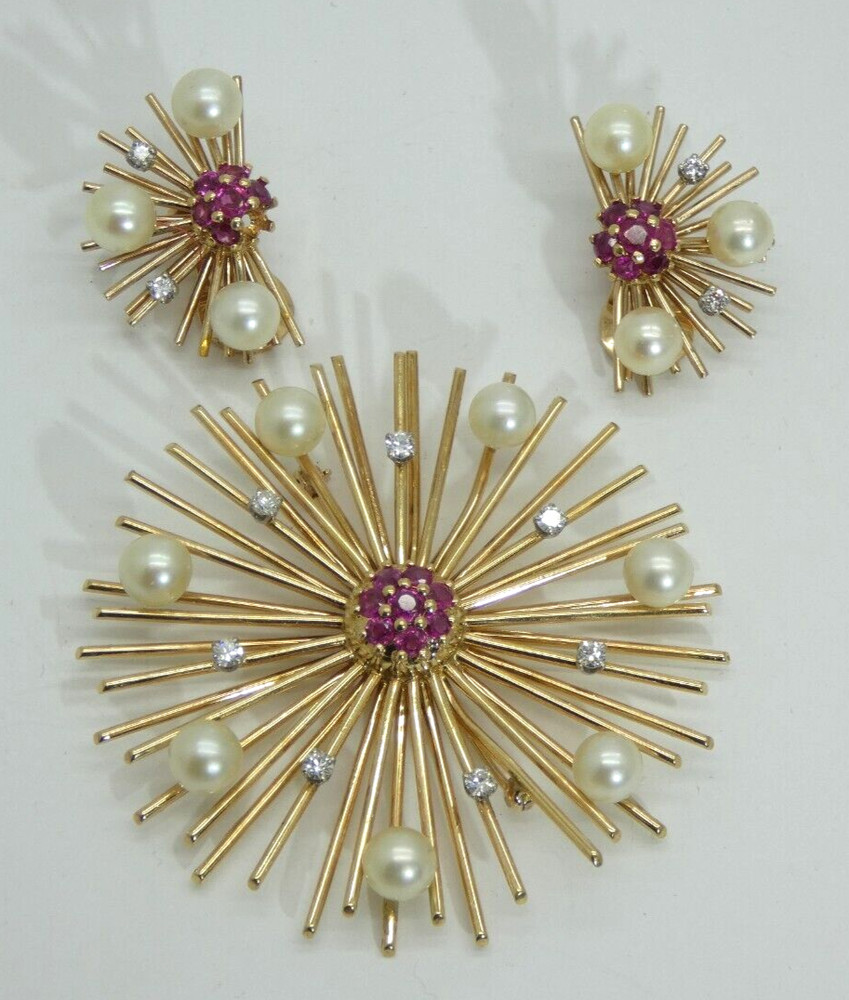 Mid Century Solid Gold Starburst Brooch & Earring Set w/ Pearls Diamonds Rb