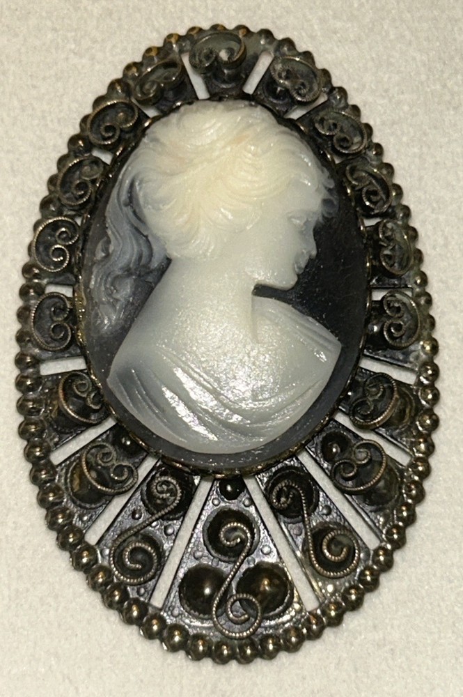 Vintage Cameo Brooch Black & White Lady Filigree Frame 2.75” Statement 1960 Gold