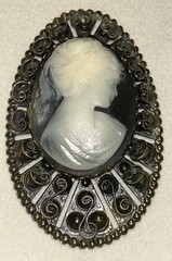 Vintage Cameo Brooch Black & White Lady Filigree Frame 2.75” Statement 1960 Gold