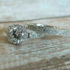 Vintage Art Deco Style Lab Created Diamond Engagement 14k White Gold FN Ring Set