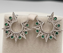Vtg Sterling Star Point Statement Earrings, Emerald Green & Clear CZ Settings