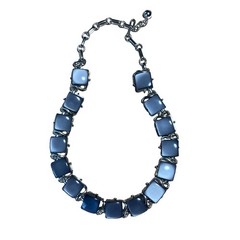 Coro Choker Necklace – Blue Square Pendant Link Silver Tone – 16″ Total Length