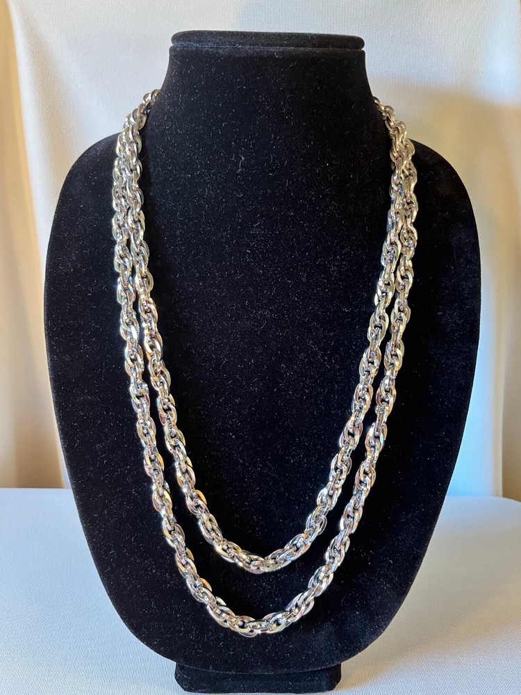 Vintage “Monet” Silver Tone Extra Long Multiple Heavy Link Necklace, Signed