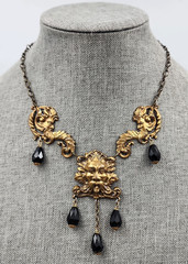 Green Man Art Nouveau Style Stamped Brass Necklace Jet Black Faceted Beads 18″