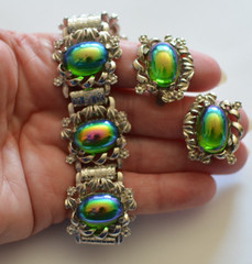 Vintage high end iridescent watermelon cabochon silver tone bracelet/earrings