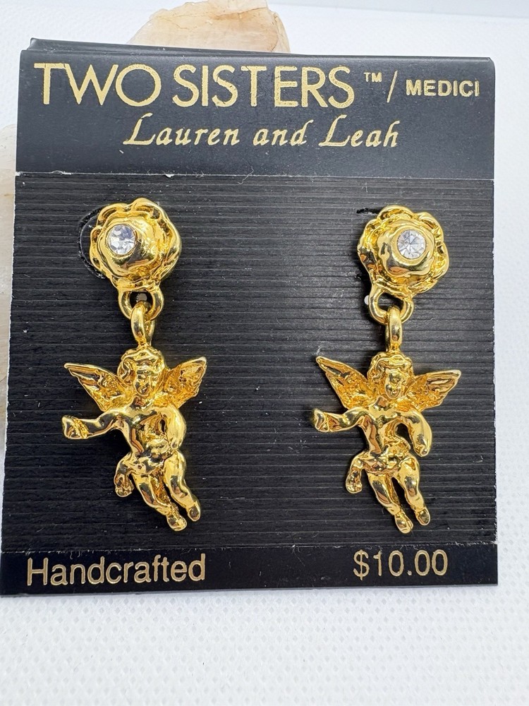 Vintage 90s Two Sisters Medici Gold Tone Cherub Drop Earrings Rhinestone Cupid