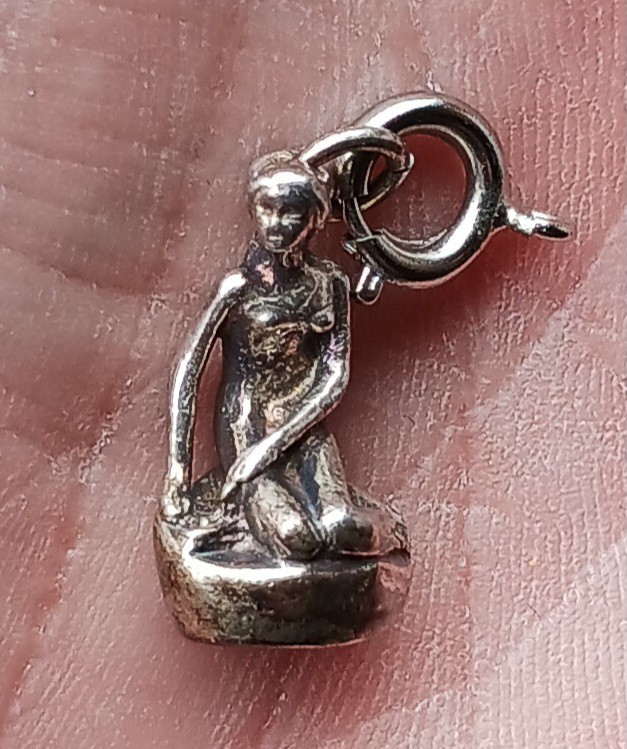 Vintage Sterling Silver Charm Nude Girl On Rock. Denmark Marked EH Or RH