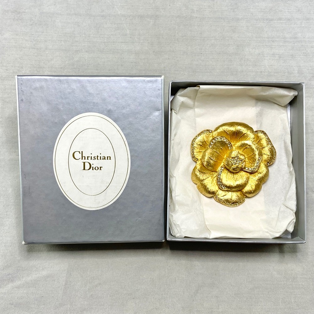 Vintage Christian Dior Flower pin in box Gold Tone Rhinestone 2.25 Inches Wide