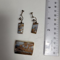 Vintage 1940’s Priday Plume Agate Brooch and Screback Earing Set Gold Tone Rare