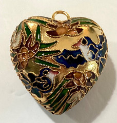 Gold Tone Metal Cloisonne Enamel Puffy Heart Shaped Pendant or Ornament With Box