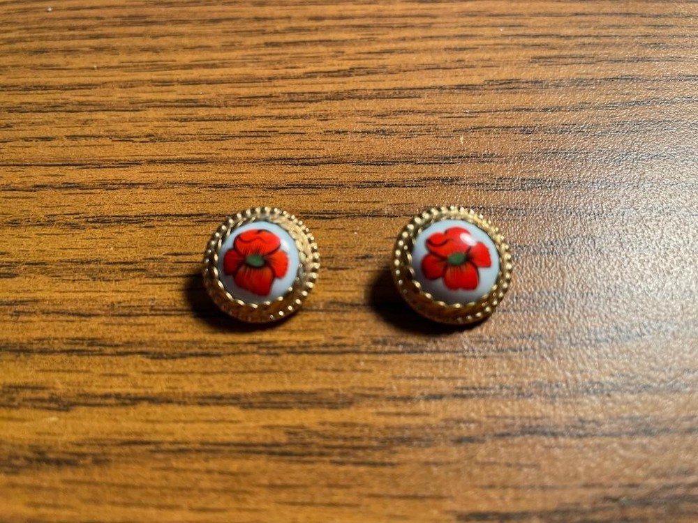 Vintage Russian Enamel Rostov Finift Filigree GOLD Frame Round Earrings 1988