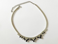 1950s Vintage Crystal & Jet Black Rhinestones Necklace & Dangling Clip Earrings