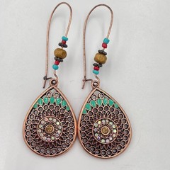 Vintage Copper & Bronze Tone Teardrop Earring Lot 3 Pair Filigree Patina Set