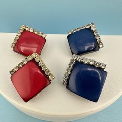 Vintage Coro Art Deco Earrings Lot Blue Red Thermoset Rhinestone Clip On Signed