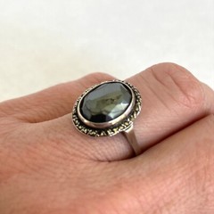 VTG Sterling Silver 935 +W+ Oval Faceted Hematite & Marcasite Ring Sz 6.25