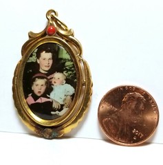 Pretty mom, kids, baby, photo pendant, c. 1920s, hand colored/tinted