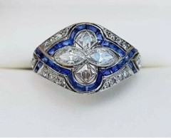 Art Deco Old Mine Cut Lab Created Diamond & Sapphire Engagement 925 Silver Ring