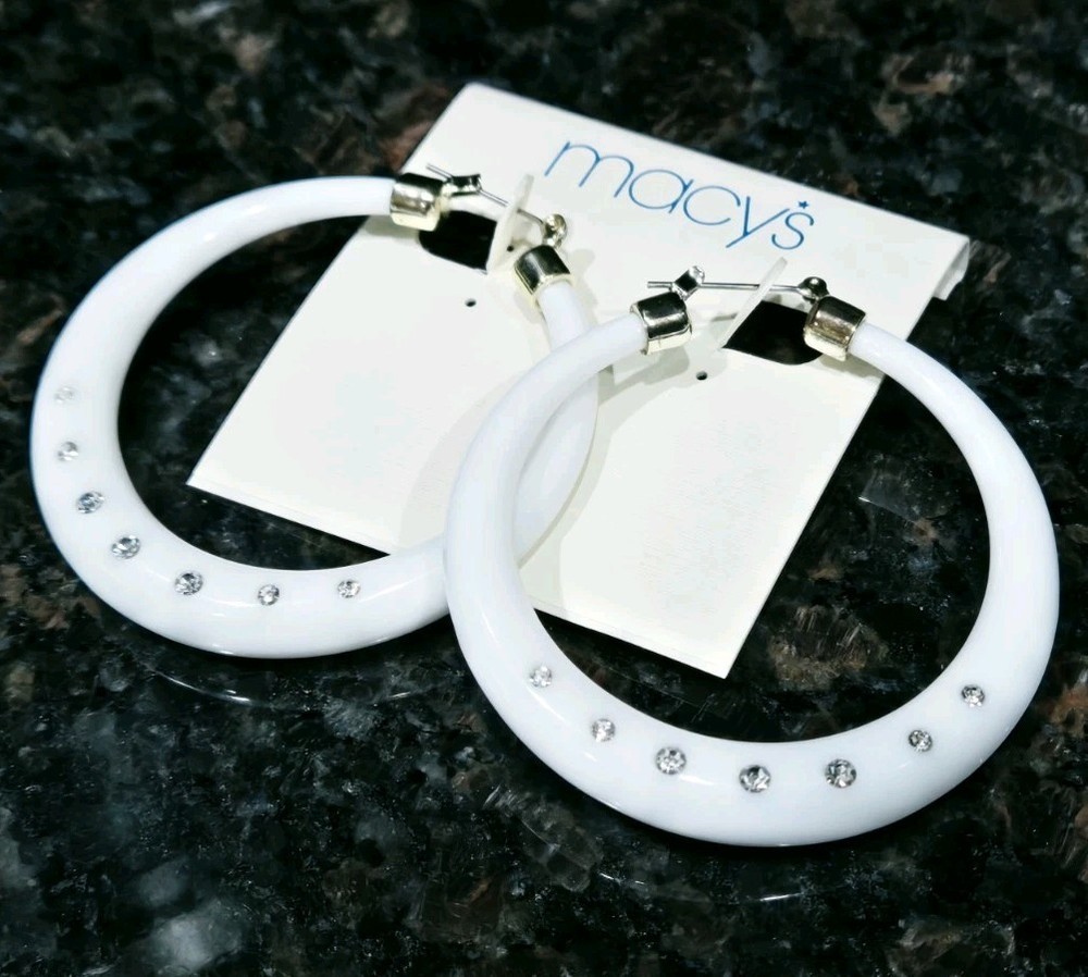 Macy’s Earrings White Acrylic Hoop Crystal accent 80’s style Vintage 2.5 in