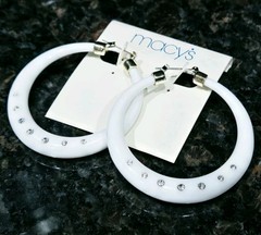 Macy’s Earrings White Acrylic Hoop Crystal accent 80’s style Vintage 2.5 in