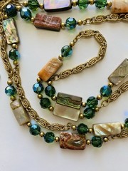 Vintage 80s NAPIER Necklace Abalone Mother Of Pearl & Green Crystals Boho Fairy