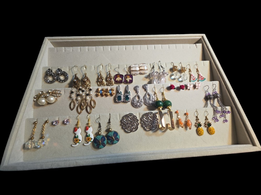 Large Lot Mixed Pierced Earrings 25 Pair Rhinstone Enamel Cloisonne Marcasite