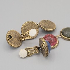 Long Dangle Drop Clip On Earrings Dyed Howlite Cabochons Bronze Color Vintage