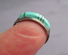 VINTAGE OLD PAWN STERLING ZUNI CS LONJOSE TURQUOISE INLAY RING SIZE 4.5