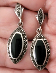 Vintage Black Onyx Marcasite 925 Sterling Silver Marquise Shape Dangle Earrings