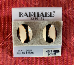 Vintage Raphael Black/White/Gold tone Enamel Pierced Earrings 14 kt Posts