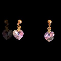 Vintage Heliotrope Faceted Heart Glass Dangle Drop Stud Earrings Gold Plated