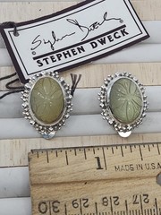 Vintage Stephen Dweck Sterling Silver Carved Prehnite Clip-On Earrings NOS Rare