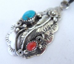 NAVAJO? STERLING PENDANT 2 INCHES, TURQUOISE & CORAL