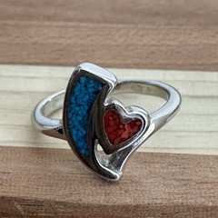 Vintage Southwestern Style Heart Ring Size 5 Turquoise Coral Inlay Silver Tone