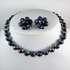 VTG West Germany Peacock Aurora Borealis Crystal Beaded Necklace & Clip Earrings